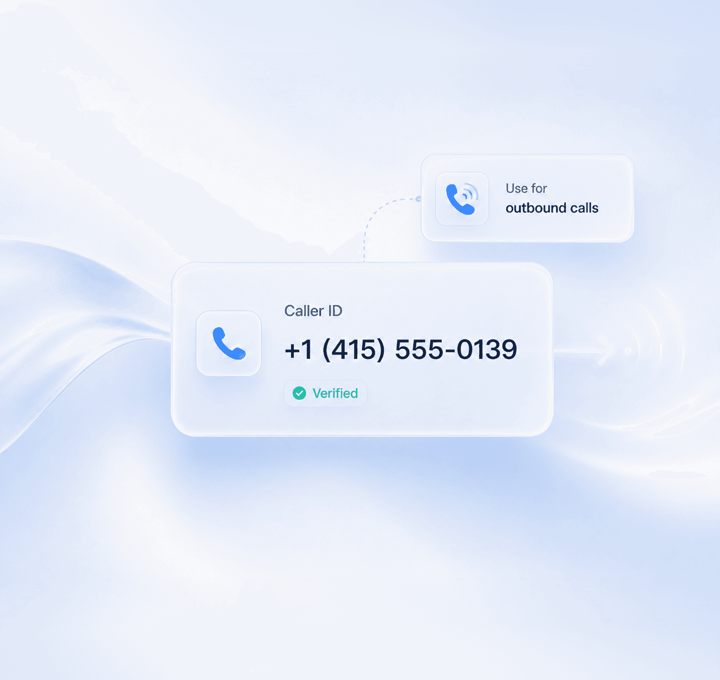 Minimal iridescent caller ID cards showing a verified number used for outbound calls